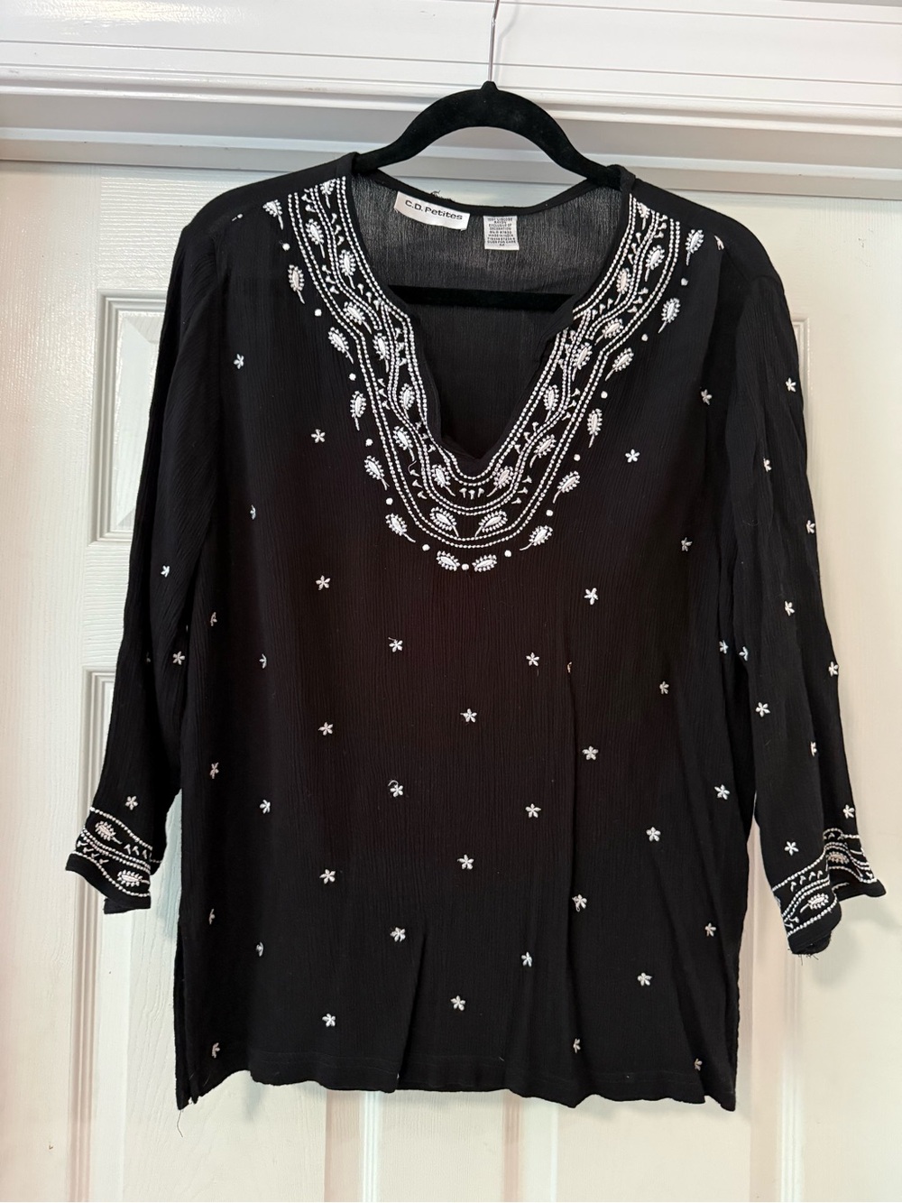 Women's Black Embroidered V-Neck Tunic Top